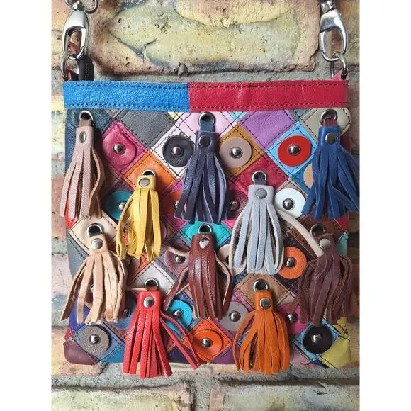 Leather Multicolored Fringe Crossbody 9"x9" NWOT - Picture 2 of 11